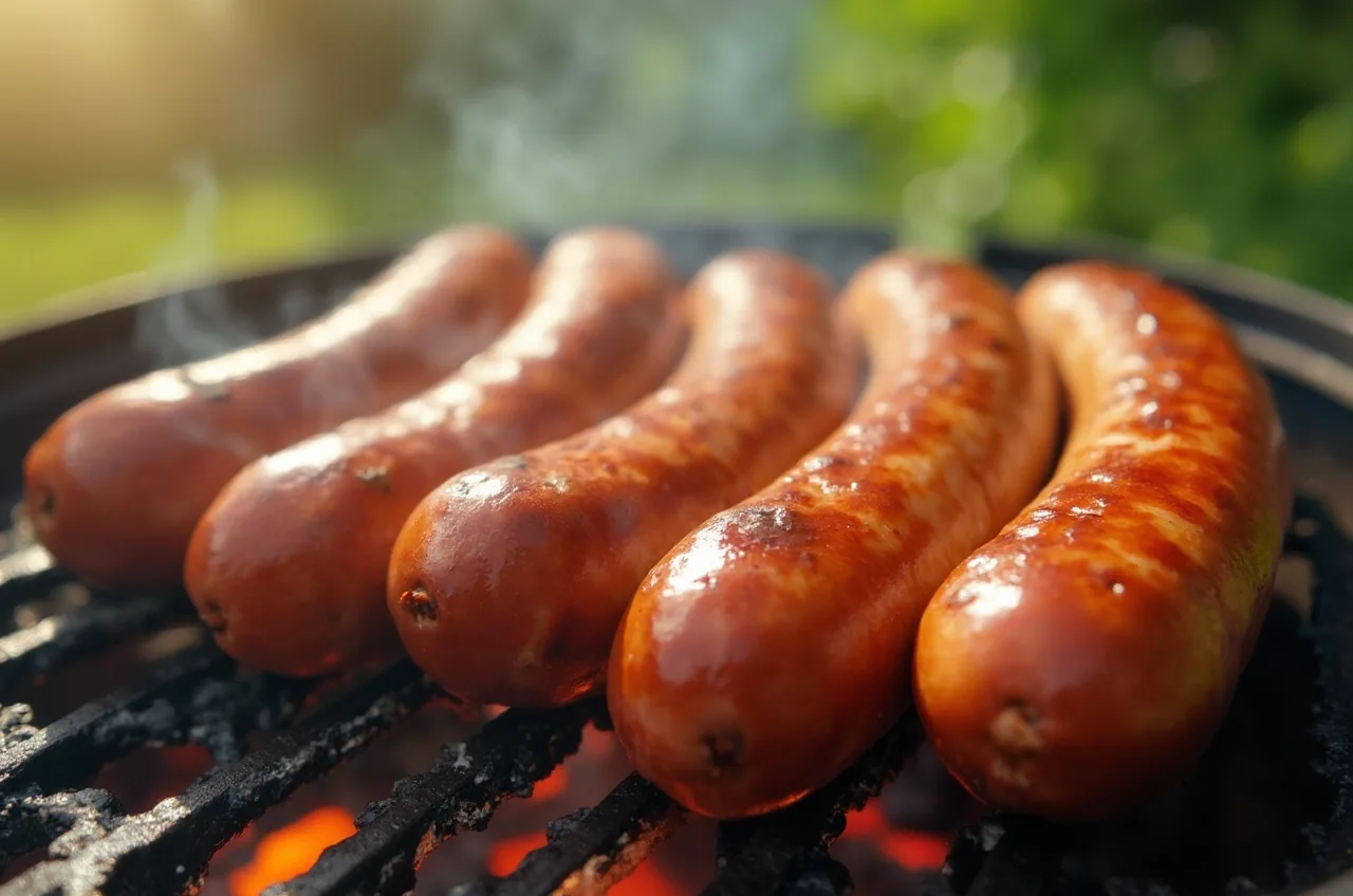 Bratwürste auf dem Grillrost über mittlerer Glut, gleichmäßig gebräunt