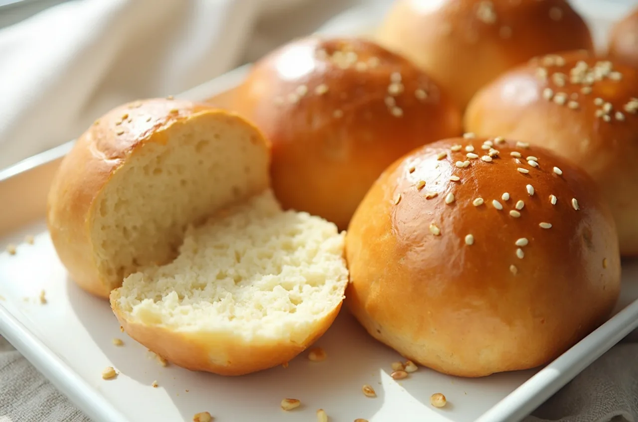 Selbst gebackene Burger-Buns mit Sesam, eines aufgeschnitten