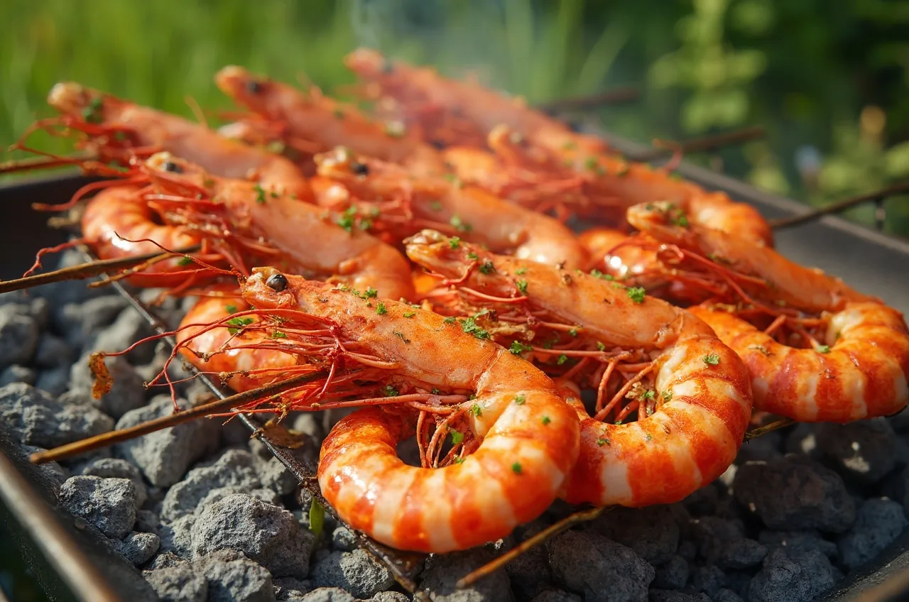 Garnelen auf Spießen über der Glut, leicht gekrümmt und rosa gefärbt