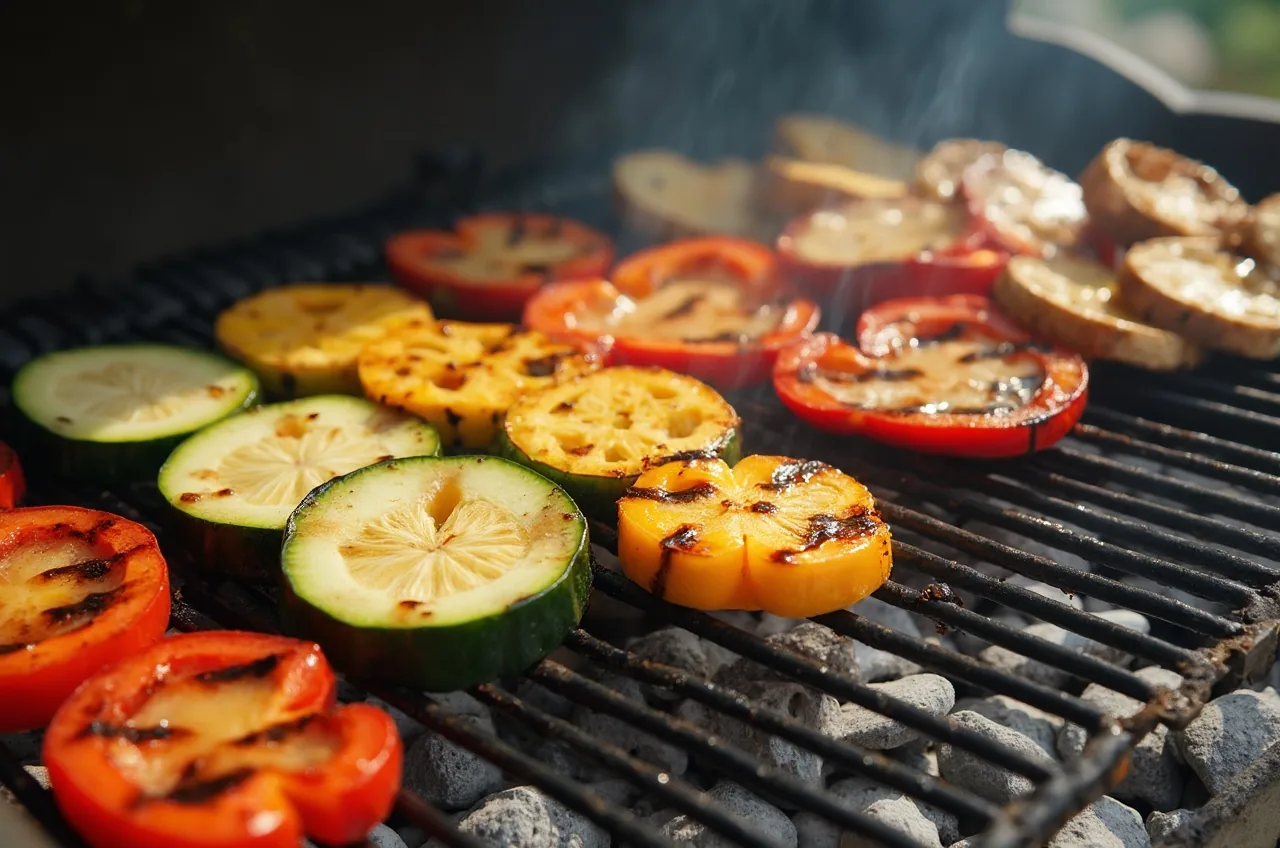 Verschiedene Gemüsescheiben mit Grillstreifen auf dem Rost, Zucchini, Paprika und Aubergine