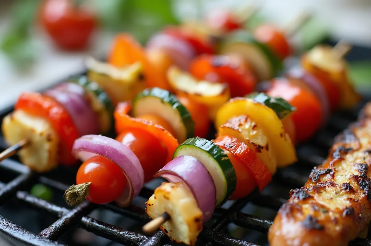 Bunte Gemüsespieße mit leichten Röstspuren auf dem Grillrost