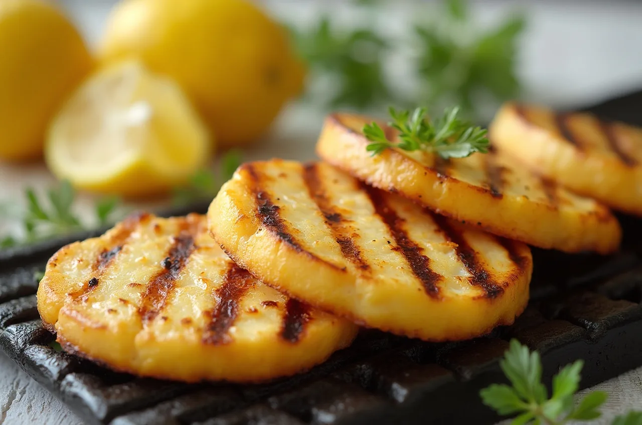 Halloumi-Scheiben mit goldbrauner Kruste und Grillstreifen auf dem Rost