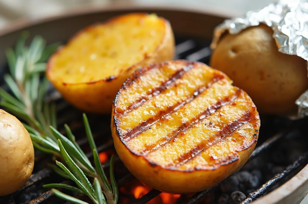 Kartoffelhälften mit Grillstreifen auf dem Rost, daneben eine Folienkartoffel