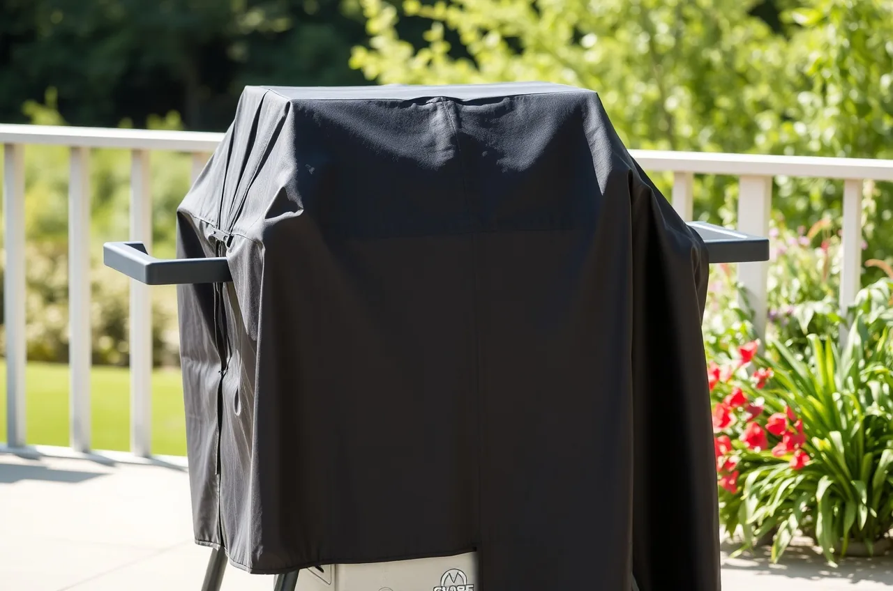 Grill mit passgenauer Abdeckhaube auf einer Terrasse