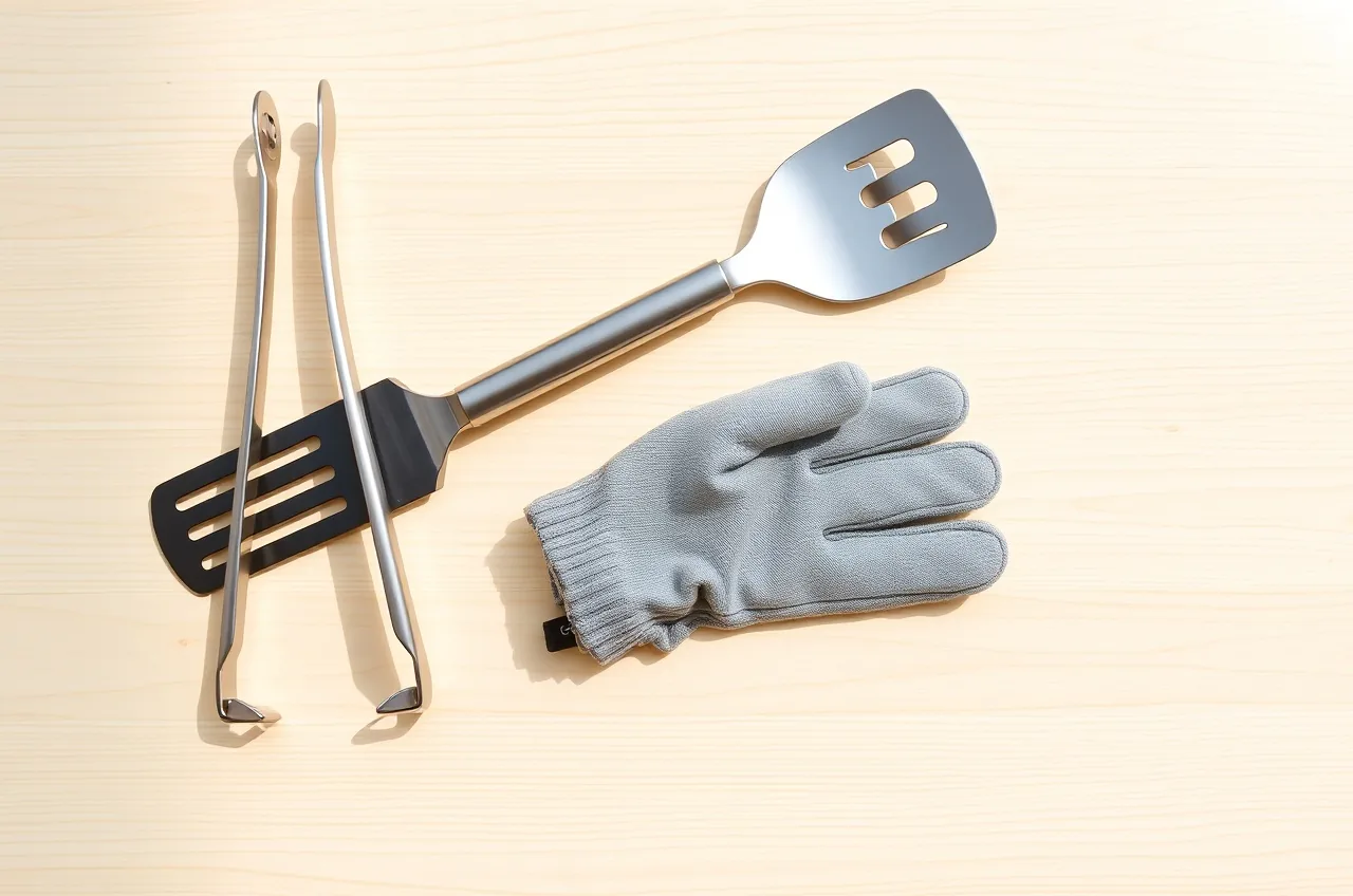 Grillzange, Wender und Handschuh liegen nebeneinander auf einer hellen Fläche
