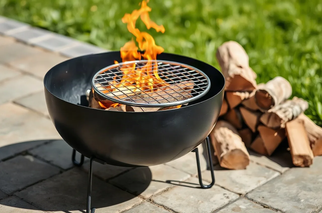 Schwarze Feuerschale mit Grillrost über dem Holzfeuer, daneben gestapeltes Brennholz