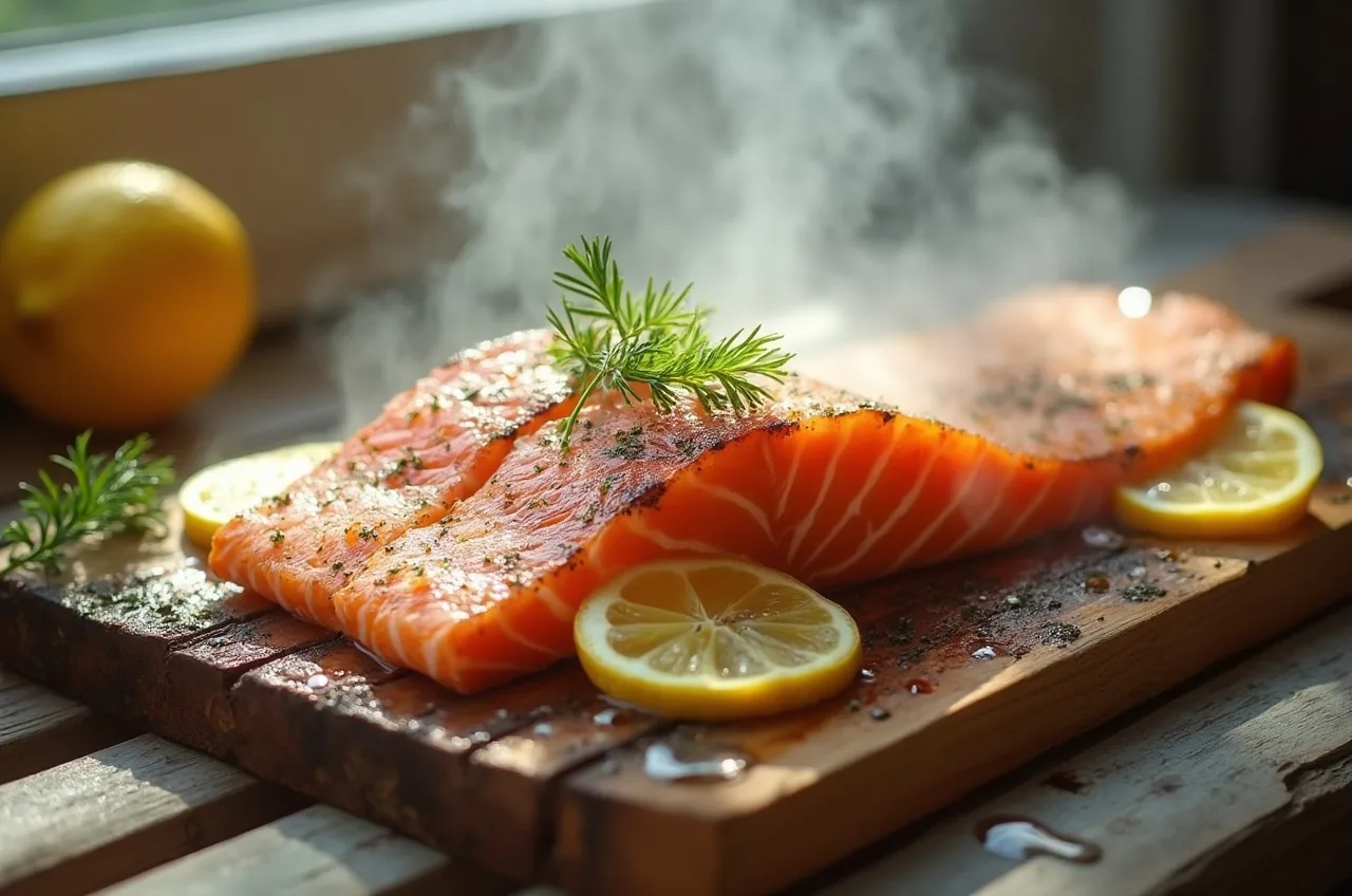 Gewässerte Zedernholzplanke mit Lachsfilet auf dem Grillrost