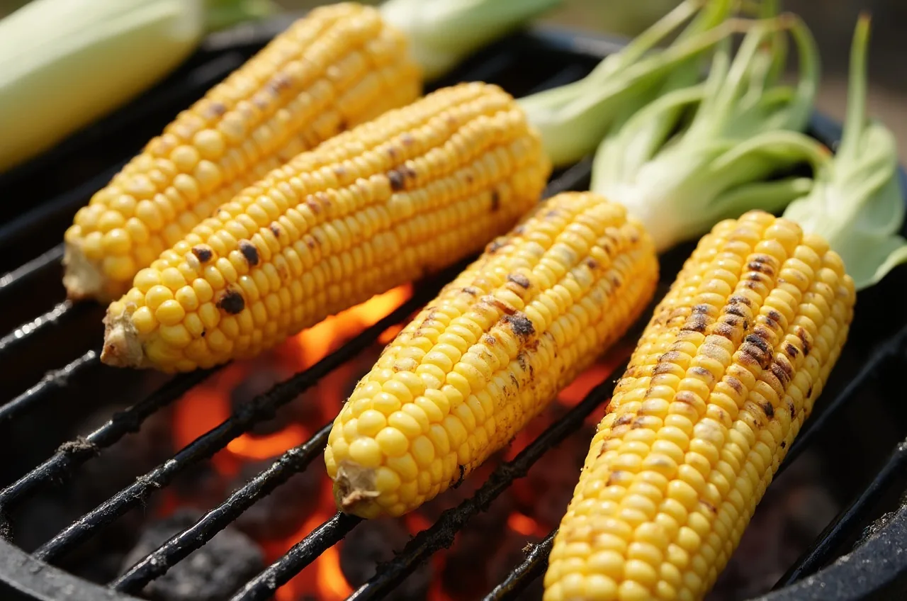 Maiskolben mit Grillstreifen auf dem Rost, teils noch in der Blatthülle