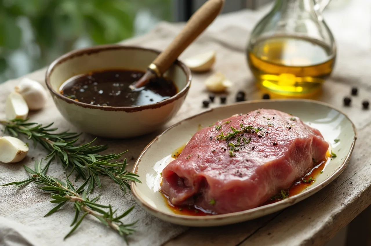 Schale mit Marinade, daneben Öl, Knoblauch, Kräuter und eingelegtes Fleisch