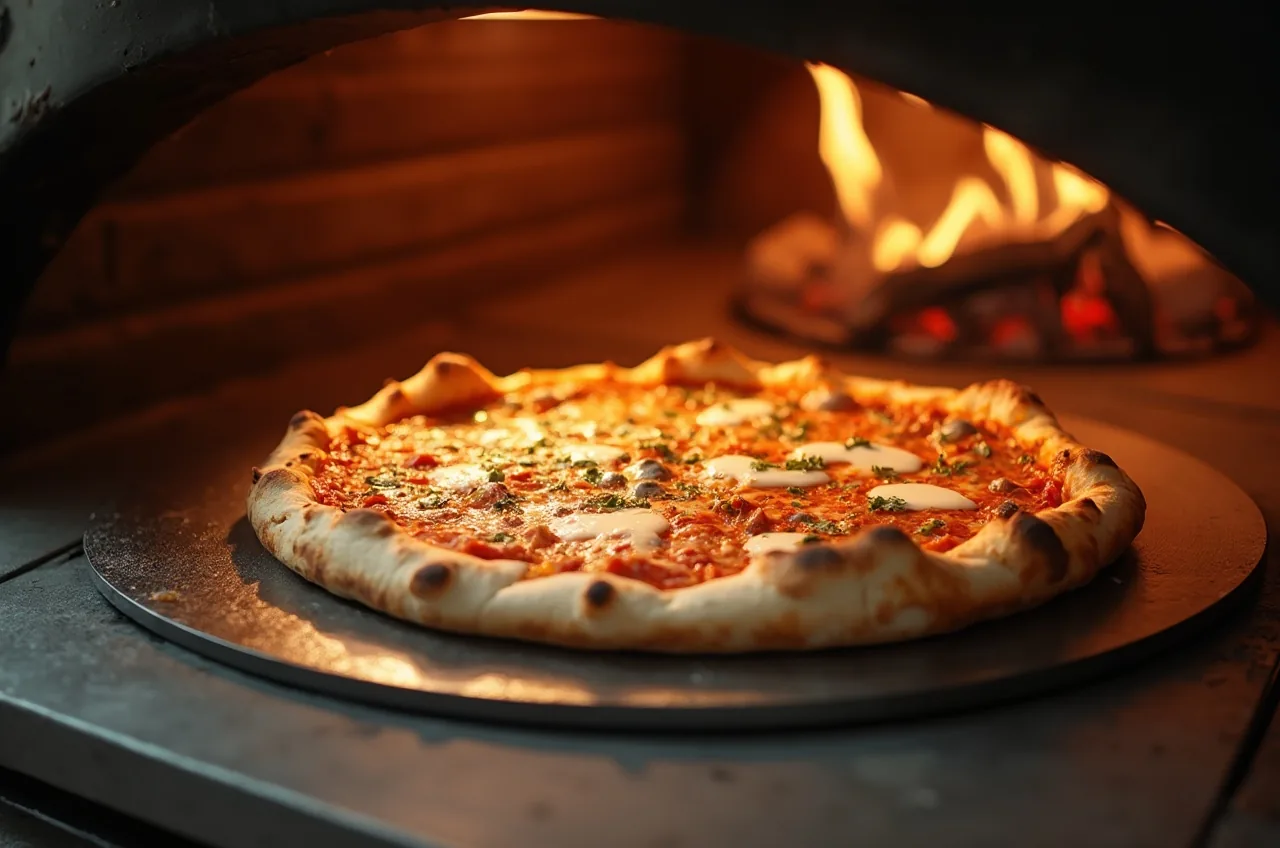 Pizza auf einem Pizzastein im geschlossenen Grill, Rand leicht gebräunt
