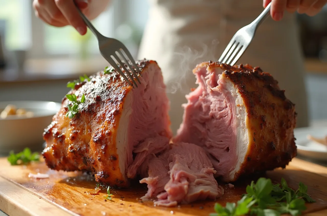 Dunkel verkrustetes Stück Schweinenacken wird mit zwei Gabeln zerzupft