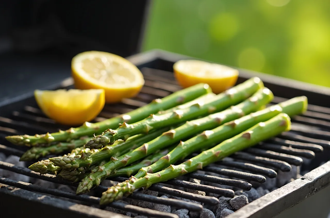 Grüner Spargel mit Grillstreifen auf dem Rost, daneben Zitronenspalten