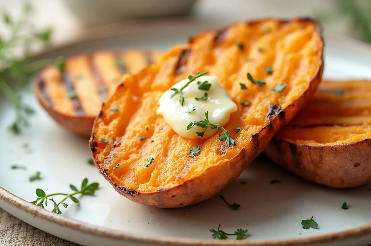 Halbierte Süßkartoffeln mit Grillstreifen und schmelzender Kräuterbutter