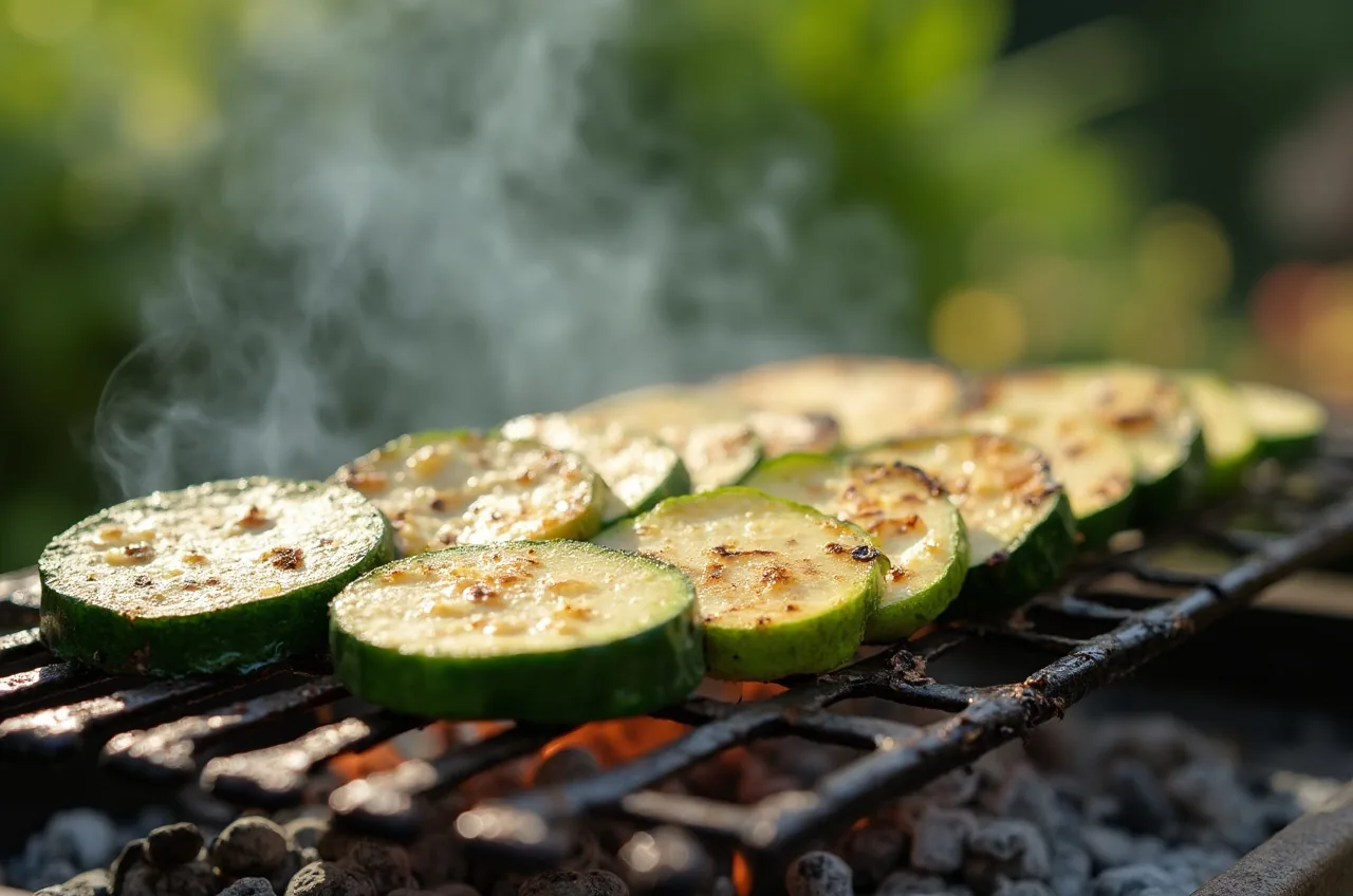 Zucchinischeiben mit Grillstreifen auf dem Rost